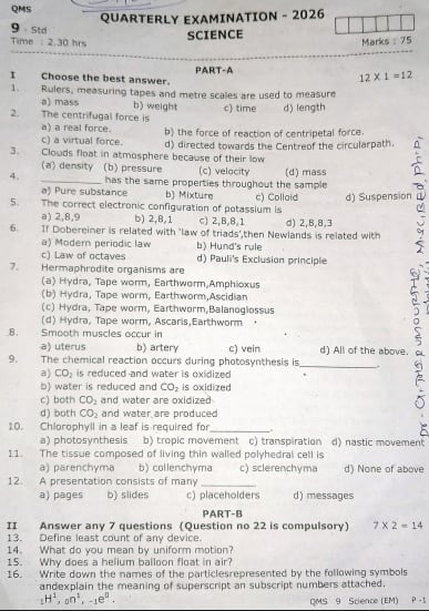 Tamil Nadu Class 9 Quarterly Science Question Paper 2026-27
