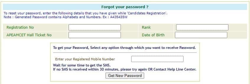 AP EAMCET forgot password window