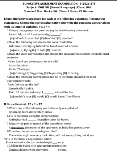 Karnataka SSLC Mid Term Second Language English Question Paper 2026-27