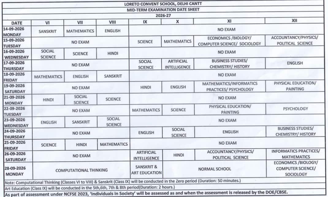 Loreto Convent School, Delhi Cant Mid-Term Datesheet 2026-27