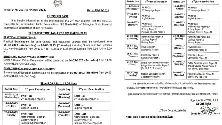 TS Intermediate Time Table 2023 for 1st & 2nd Year (OUT) - Download TS ...