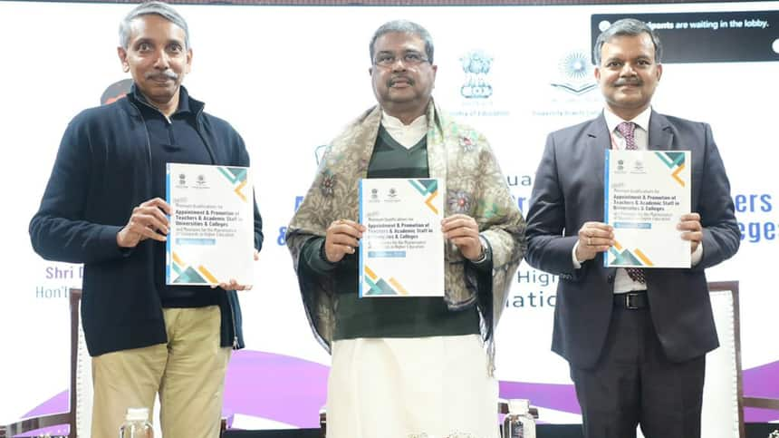 UGC chairman M Jagadesh Kumar (L) and education minister Dharmendra Pradhan (C) releasing the draft UGC regulations 2025 on recruitment (Image: PIB)