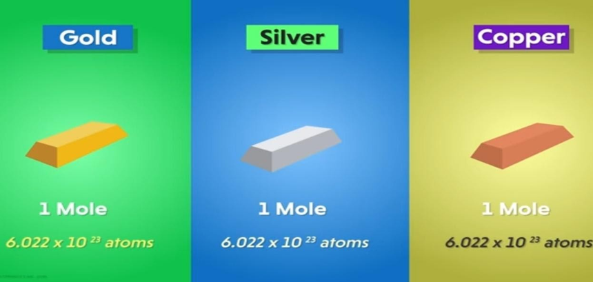 one mole of gold, one mole of silver and one mole of copper. 
