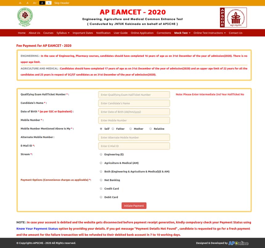 Ap Eamcet Application Form 21 Registration Closed Date Direct Link Sche Ap Gov In