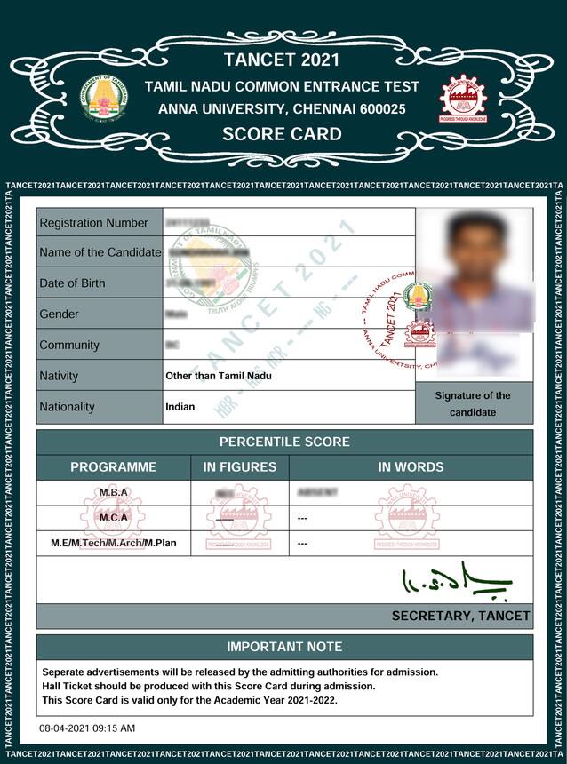 TANCET MBA Result 2023, Score card, Percentile, Official Link