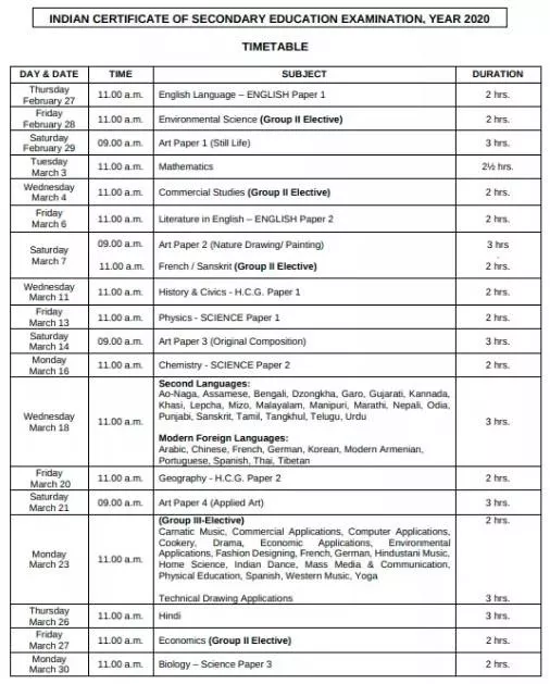 Icse 10th Time Table 2021 Icse Class 10 Board Exam Routine Pdf