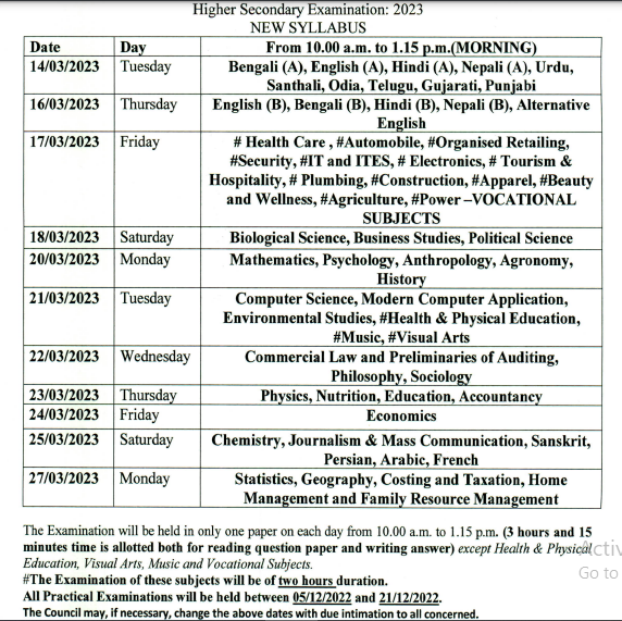 West Bengal HS Routine 2023 (Released)- WBCHSE 12th Exam Date