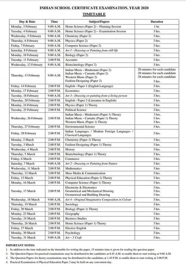 ISC Time Table 2021 PDF Download - CICSE ISC 12th Date Sheet