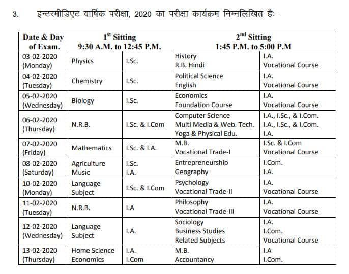 Bihar Board 12th Time Table 2020 Compartment Check Exam Dates