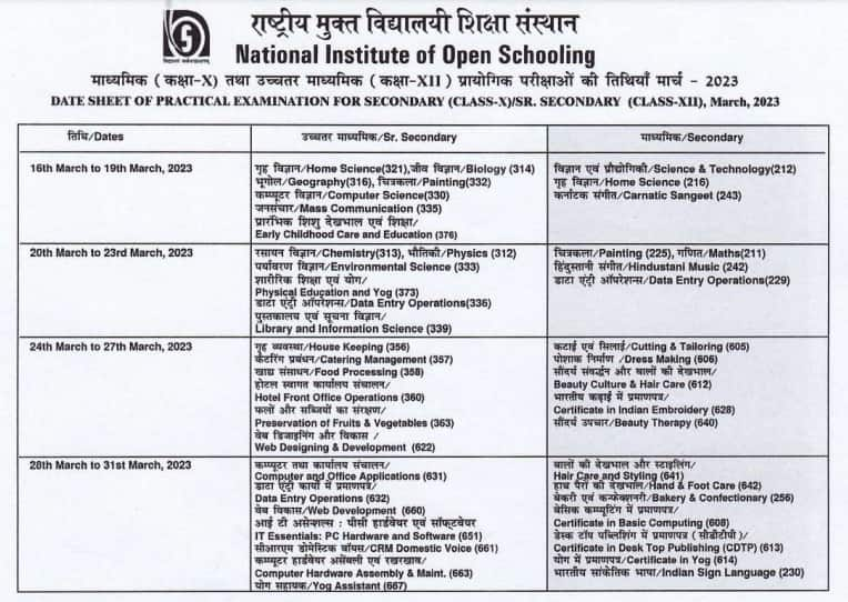 NIOS announces Class 10, 12 practical exam dates for March 2023 session