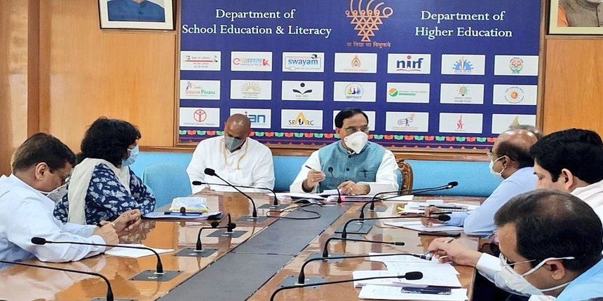Minister of Human Resource Development Ramesh Pokhriyal 'Nishank' in a meeting (Source: Twitter/MHRD)