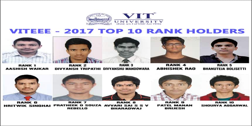 VITEEE 2017 Toppers - Aashish Waikar tops the list; Shreya Sharma leads female candidates at rank 16!