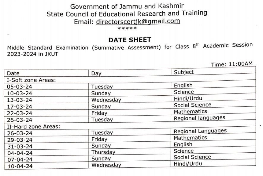 Jkbose Class 8 Date Sheet 2024 Out For Soft And Hard Zones